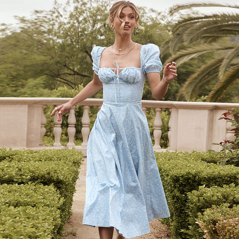 Sexy Daisy Printed Puff Sleeve High Slit Smock Maxi Sundress - Sky Blue