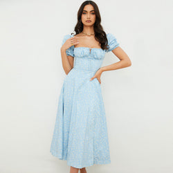 Sexy Daisy Printed Puff Sleeve High Slit Smock Maxi Sundress - Sky Blue