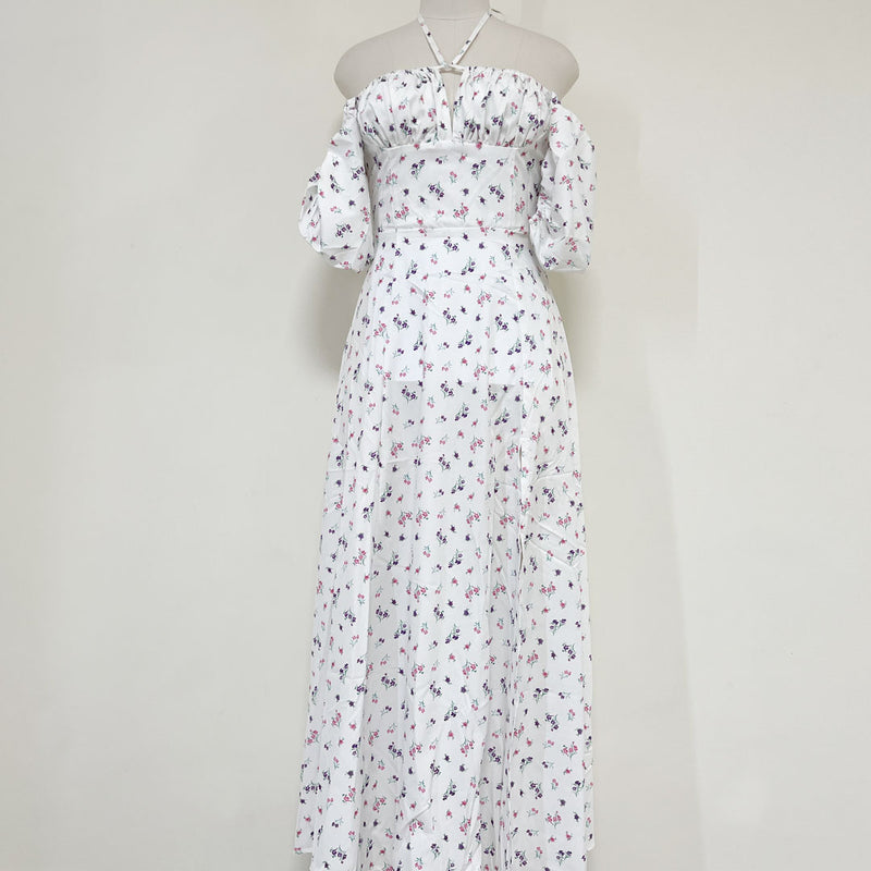 Sexy Daisy Printed Puff Sleeve High Slit Smock Maxi Sundress - White