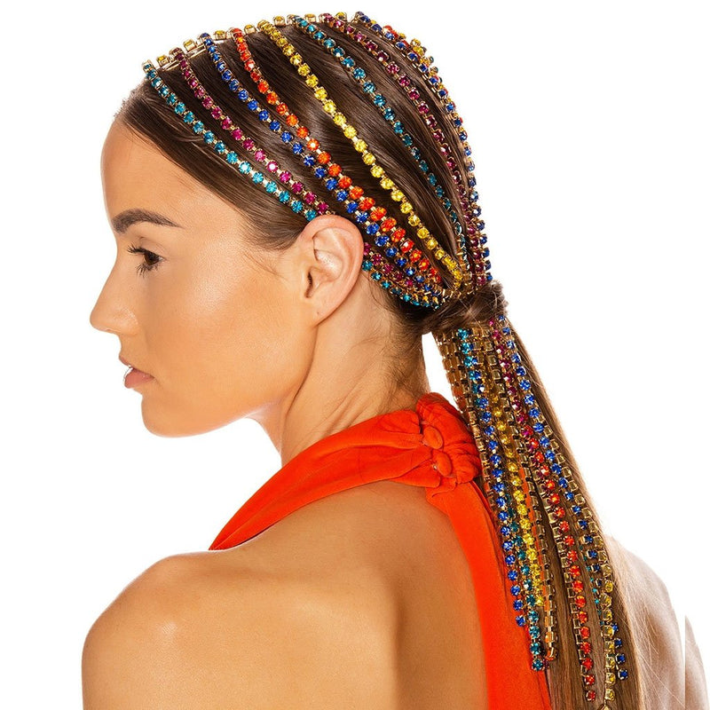 Dangling Rhinestone Embellished Long Fringe Headband - Multicolor