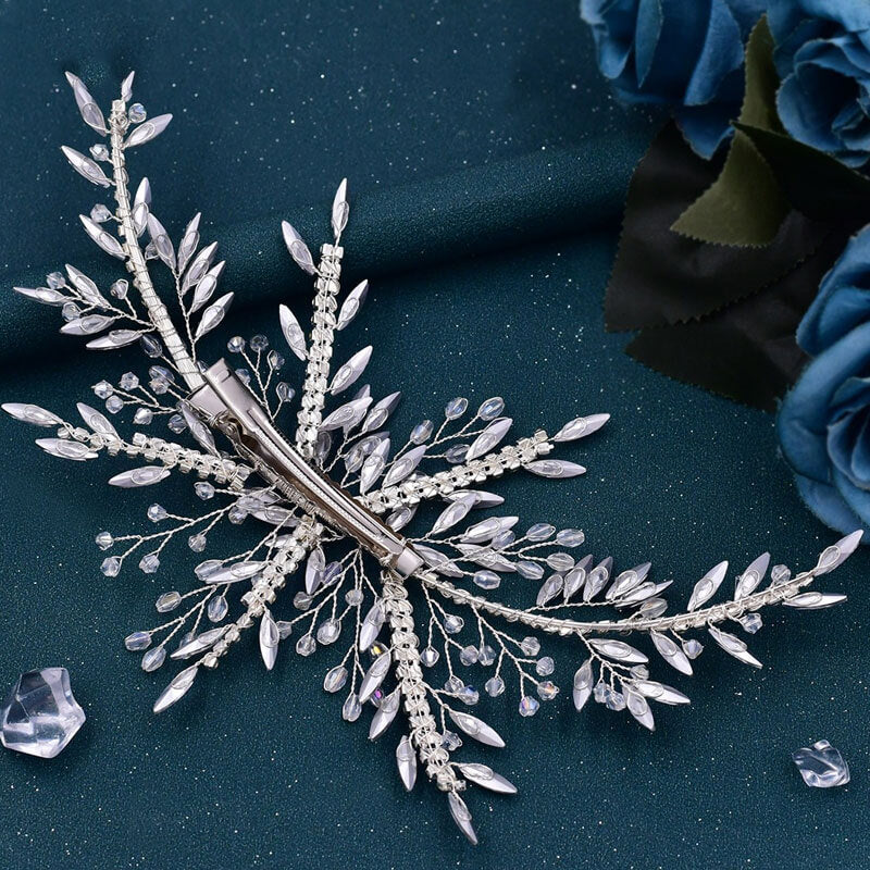 Dazzling Leaf Trim Crystal Rhinestone Embellished Hair Clip - Silver
