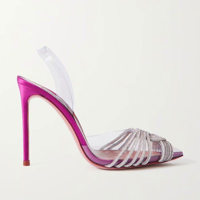 Dazzling Rhinestone Twist Front Pointed Toe PVC High Heel Pumps - Pink