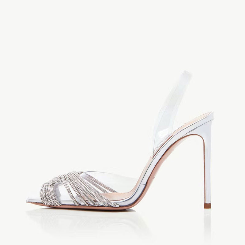 Silver Pointed-toe Transparent Stilettos, High Heels