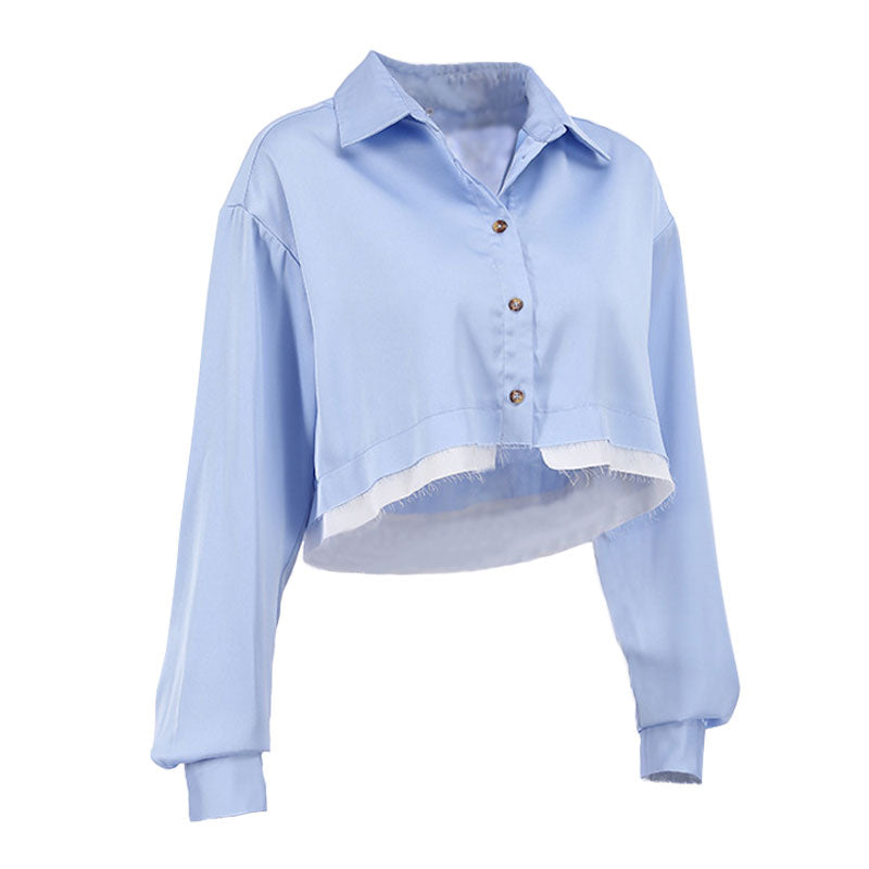 Deconstructed Distressed Trim Button Up Long Sleeve Collared Crop Shirt - Blue