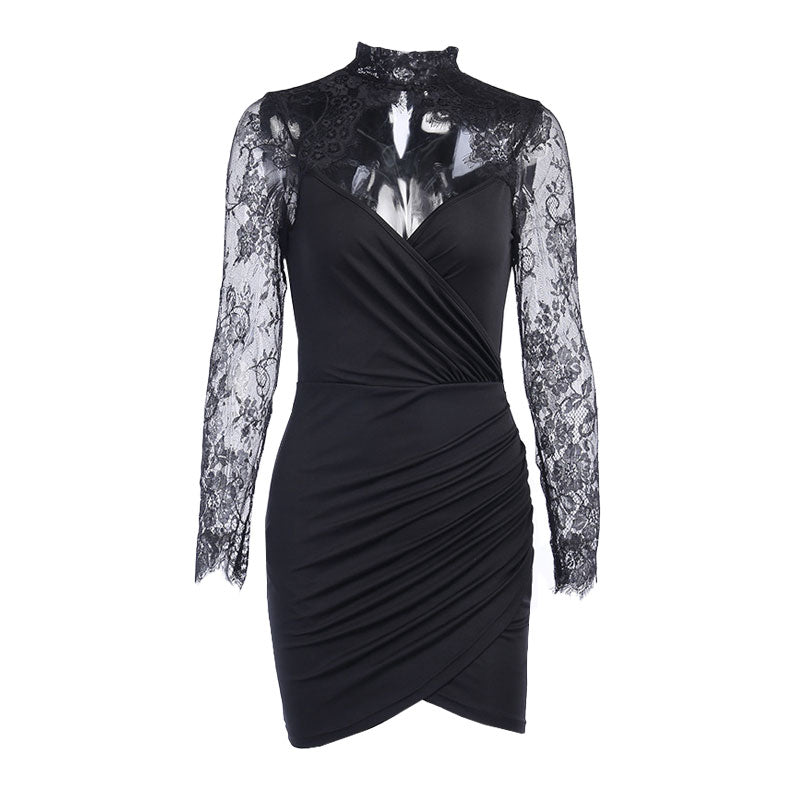 Delicate Lace Trim High Neck Cut Out Ruched Party Mini Dress - Black