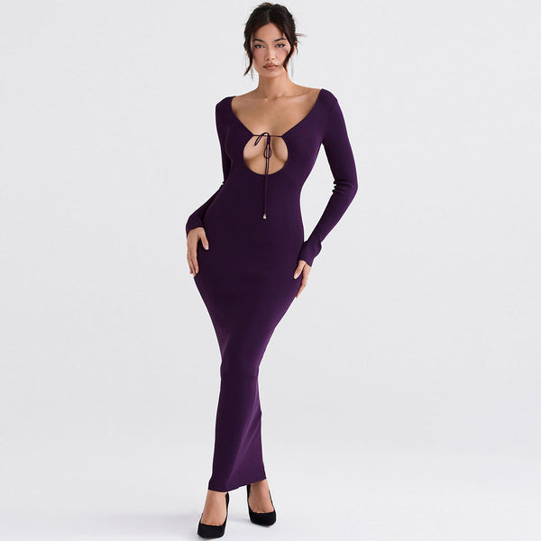 Elegant Solid Color Long Sleeve Backless Bodycon Maxi Dress - Purple