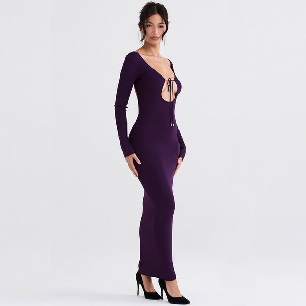 Elegant Solid Color Long Sleeve Backless Bodycon Maxi Dress - Purple