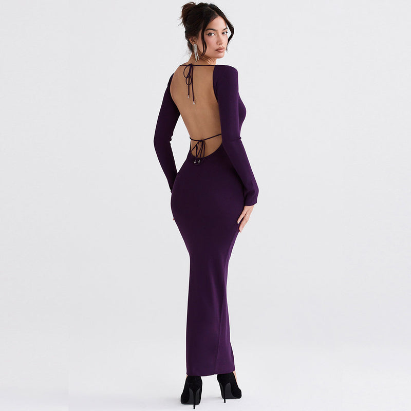 Elegant Solid Color Long Sleeve Backless Bodycon Maxi Dress - Purple