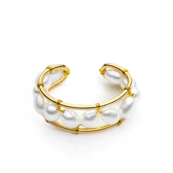 Elegant Style Perlized Bead Studded Plated Open Ring - Gold