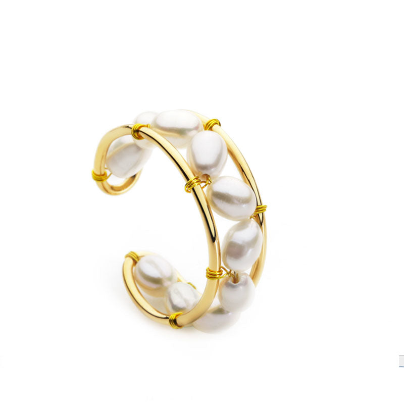 Elegant Style Perlized Bead Studded Plated Open Ring - Gold