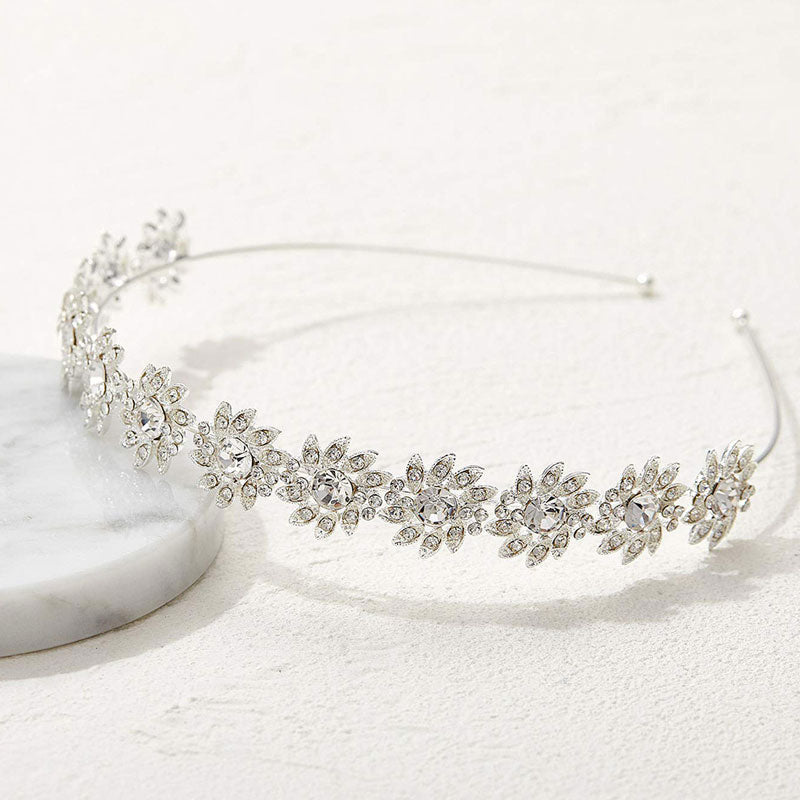Elegant Sunburst Bloom Crystal Rhinestone Embellished Headband - Silver