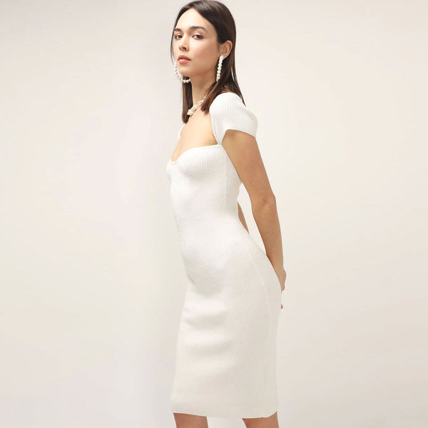 Elegant Sweetheart Neck Cap Sleeve Ribbed Knit Bodycon Midi Dress - White