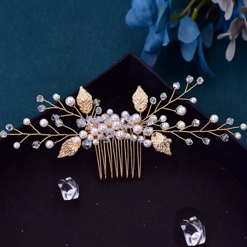 Embossed Leaf Branch Trim Faux Pearl Crystal Embellished Hair Comb - Gold