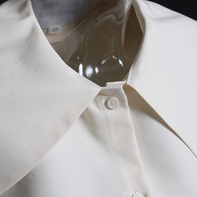 Exaggerated Collar Button Down Backless Asymmetric Blouse - Cream