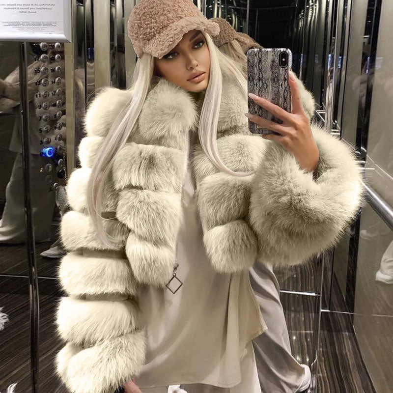 Exaggerated Long Sleeve Spread Collar Bubble Cropped Faux Fur Coat - Beige