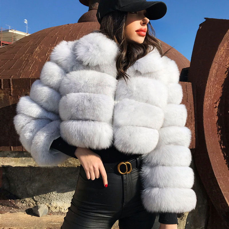 White Fur Coat Women's Hooded Crop Faux Fur Jacket