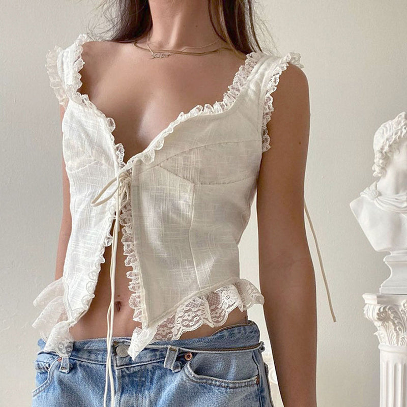 Exquisite Ruffle Lace Trim Tie Front Crop Tank Top - White