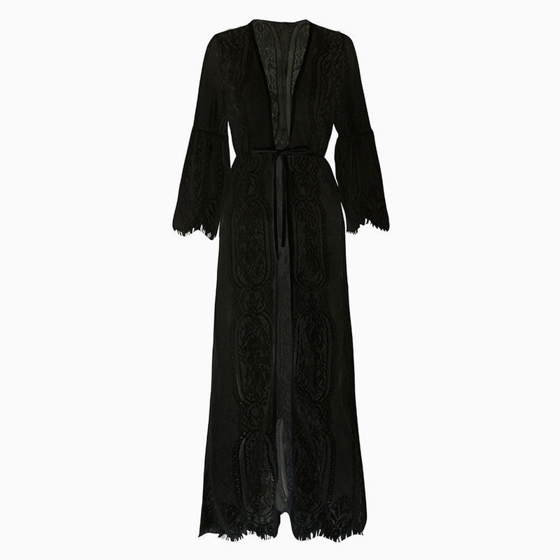 Sweet Eyelash Lace Half Sleeve Tie Front Maxi Cover Up - Black