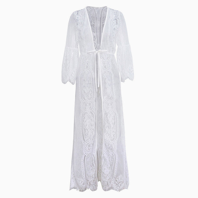 Sweet Eyelash Lace Half Sleeve Tie Front Maxi Cover Up - White