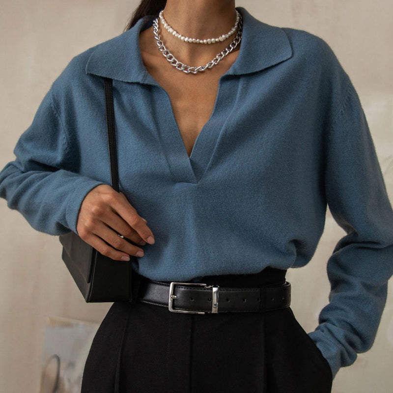 Fabulous Solid Color Collared V Neck Long Sleeve Sweater - Blue