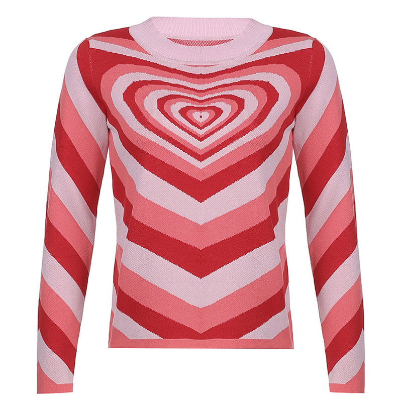 Fall in Love Heart Printed High Neck Pullover Sweater - Pink