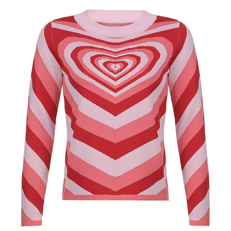 Fall in Love Heart Printed High Neck Pullover Sweater - Pink