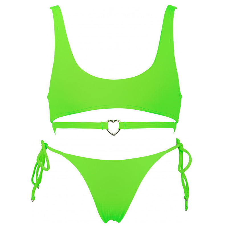 Fall in Love Metal Heart Tie String Bralette Bikini Set - Green