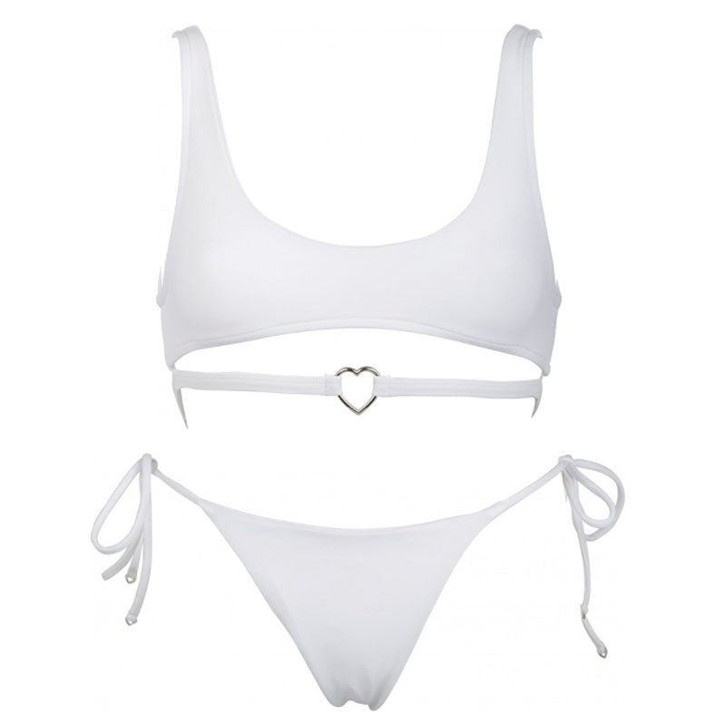 Fall in Love Metal Heart Tie String Bralette Bikini Set - White