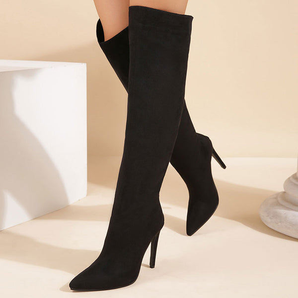 Fashionable Suede Pointed Toe High Heel Knee High Boots - Black