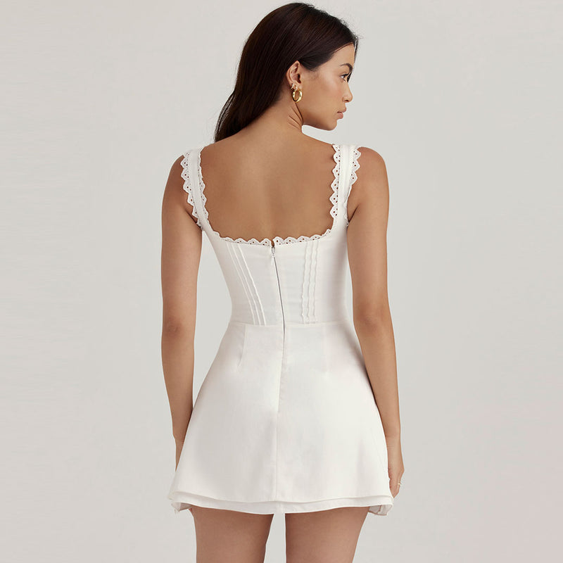 Feminine Embroidered Pleated Trim V Neck Sleeveless Mini Dress - White