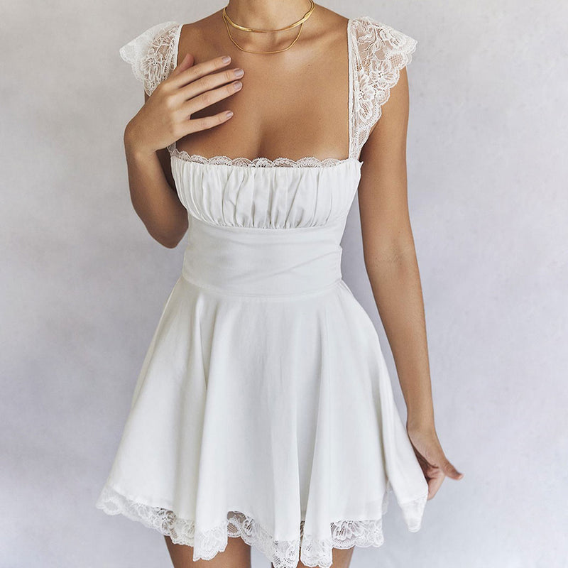 Floral Lace Ruched Tie Back Cap Sleeve Square Neck Mini Sundress - White