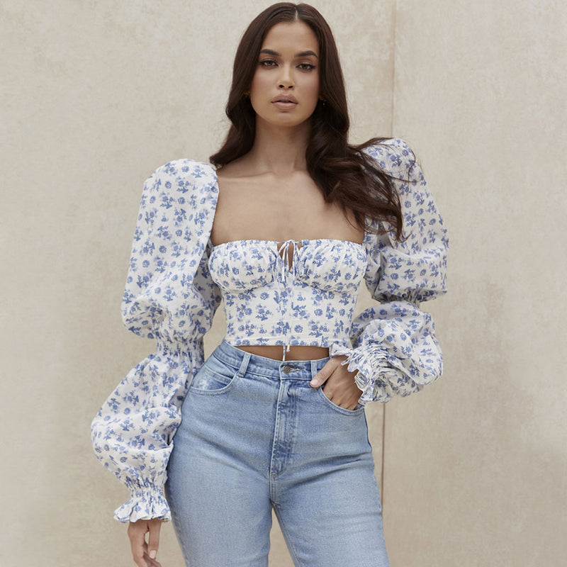 Cute Bustier Tied Front Floral Printed Puff Sleeve Crop Top - White