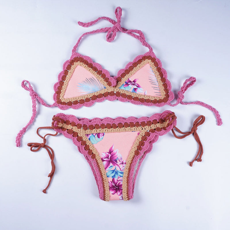 Boho Style Floral Scalloped Crochet Halter Triangle Bikini Set - Flower