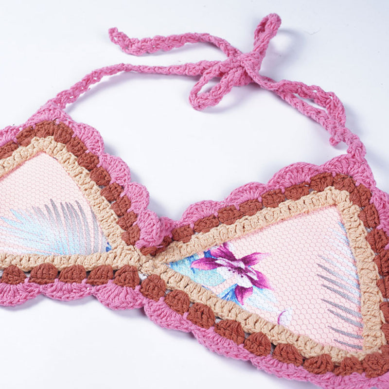 Boho Style Floral Scalloped Crochet Halter Triangle Bikini Set - Flower