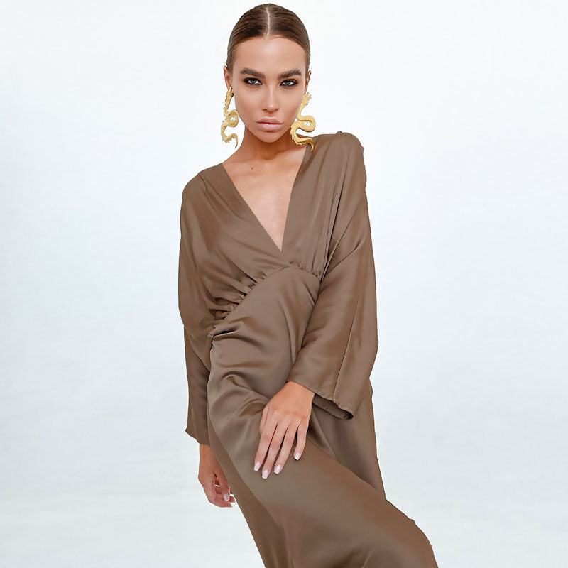 French Style Ruched Deep V Batwing Sleeve Split Cocktail Maxi Dress - Brown