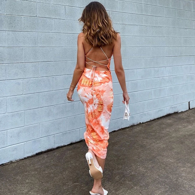 Fresh Floral Print Cowl Neck Backless Maxi Dress - Burnt Orange