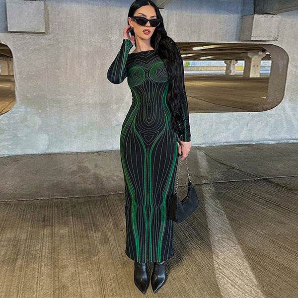 Futuristic Body Print Cut Out Long Sleeve Party Maxi Dress - Green
