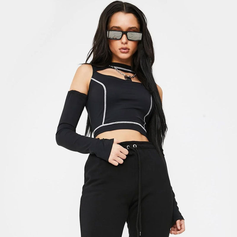 Futuristic Style High Neck Cut Out Long sleeve Crop Top - Black