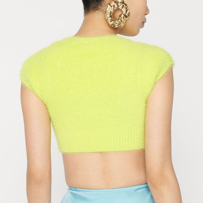 Fuzzy Letter Chain Open Front Short Sleeve Ribbed Crop Cardigan - Yellow