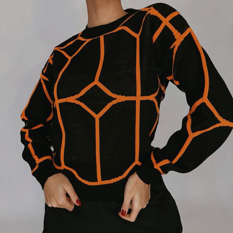 Geometric Pattern Crew Neck Drop Shoulder Long Sleeve Sweater - Black