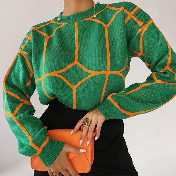 Geometric Pattern Crew Neck Drop Shoulder Long Sleeve Sweater - Green