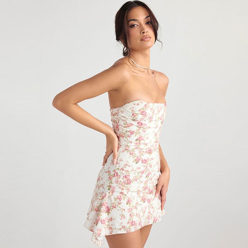 Glamorous Rose Printed Asymmetrical Ruched Strapless Corset Mini Dress - Floral