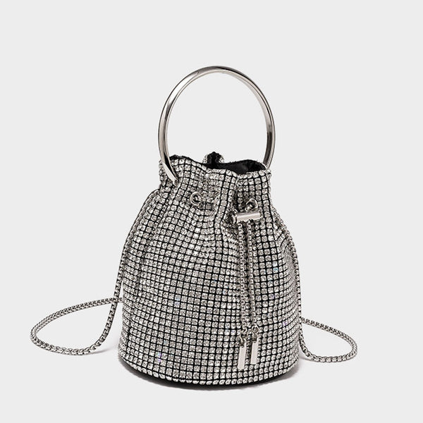 Gleaming Crystal Embellished Drawstring Crossbody Party Bucket Bag - Silver