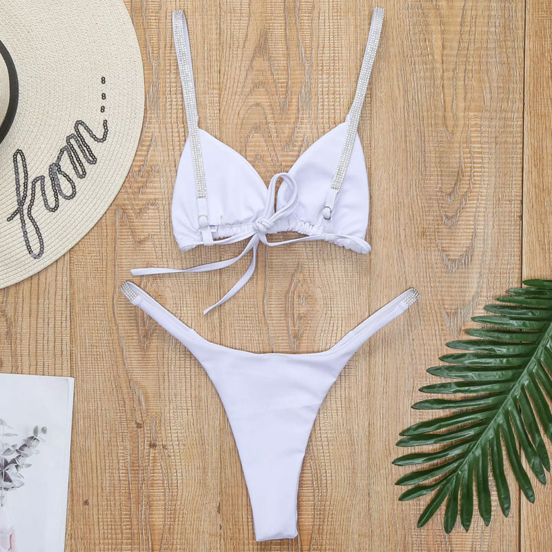 Glitter Rhinestone String Sliding Triangle Brazilian Bikini Set - White