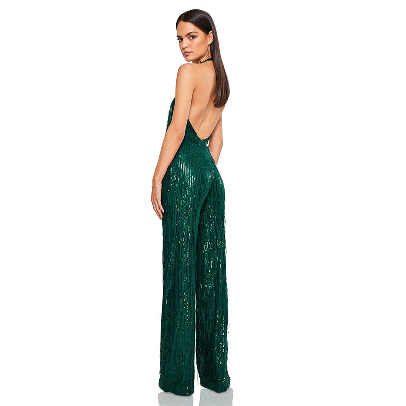Glitter Sequin Fringe Plunge Backless Wide Leg Party Jumpsuit - Green