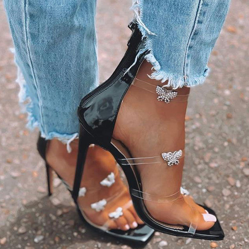 Glittering Butterfly Trim Strappy Square Toe High Heel Sandals - Black