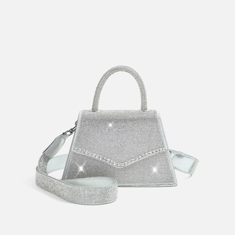 Glittering Crystal Embellished Foldover Top Handle Crossbody Bag - Silver