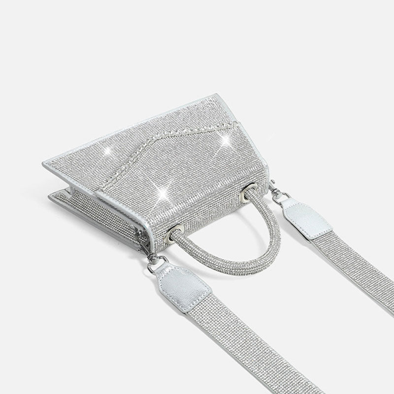 Glittering Crystal Embellished Foldover Top Handle Crossbody Bag - Silver