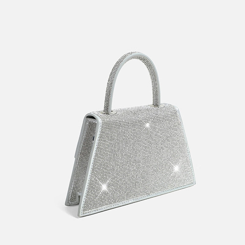 Glittering Crystal Embellished Foldover Top Handle Crossbody Bag - Silver