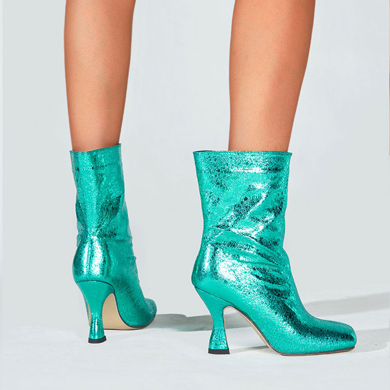 Glittering Metallic Trim Square Toe High Heel Ankle Boots - Turquoise